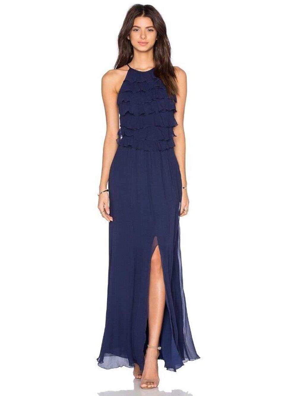 L'AGENCE Sz 0 Navy Sapphire Adriana Maxi Ruffle Sleeveless Dress NWT
